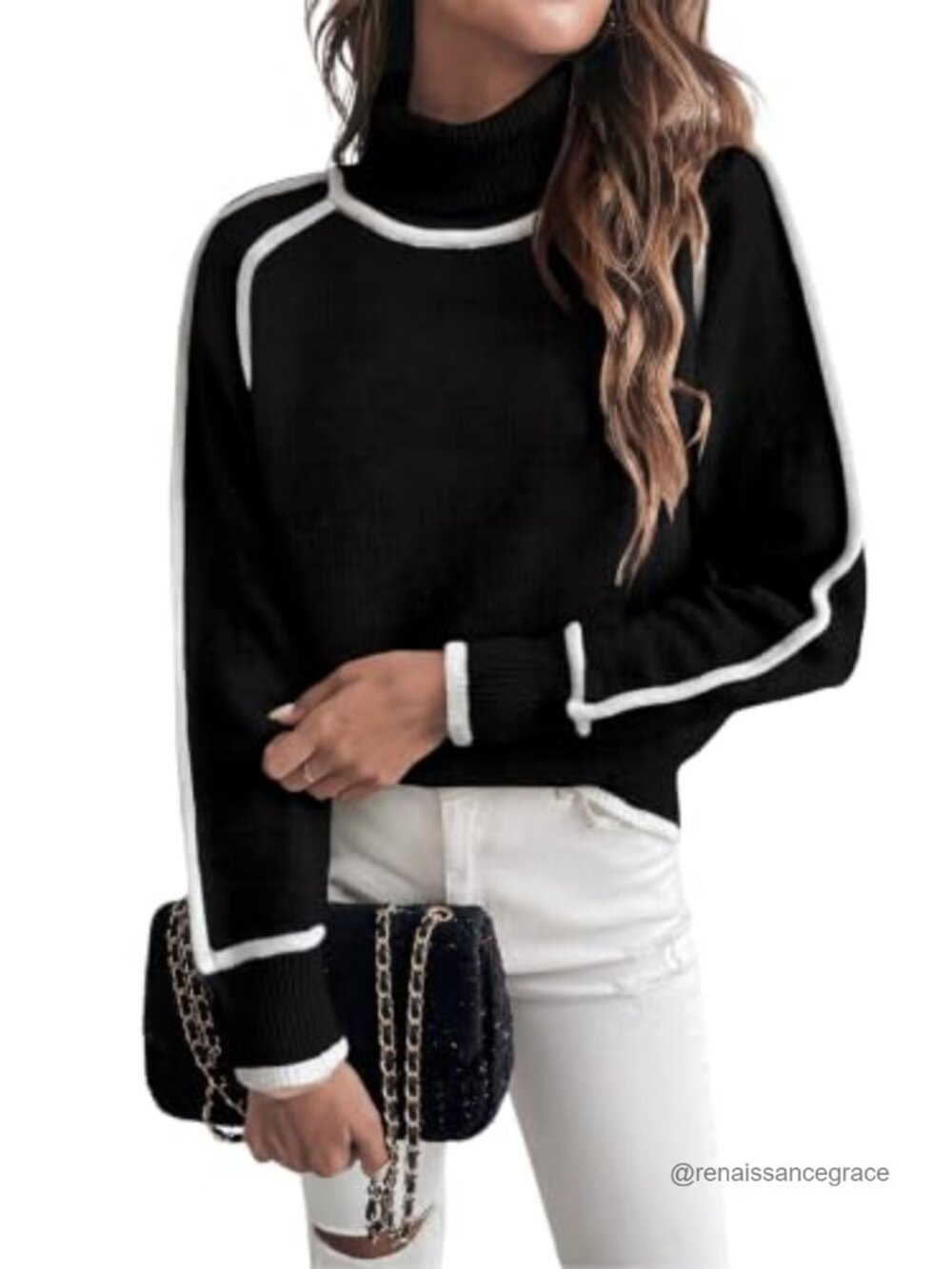 Turtleneck Sweater Women Loose Fit Color Block Cozy Knit Pullover